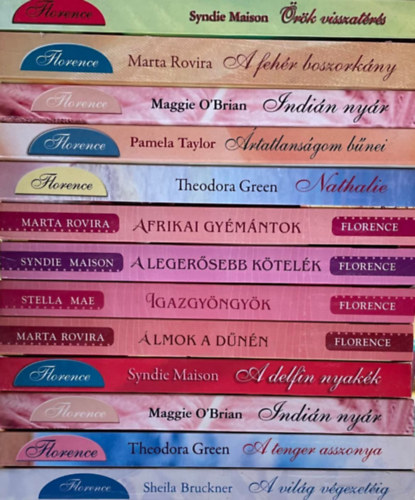 Sheila Bruckner, Theodora Green, Maggie O'Brian, Sydnie Maison, Marta Rovira, Stella Mae, Pamela Taylor: 13 db Florence könyv: A világ végzetéig, A tenger asszonya, A delfin nyakék. Álmok a dűnén, Igazgyöngyök, A legerősebb kötelék, Afrikai gyémántok, Nathalie, Ártatlanságom bűnei, Indián nyár, A fehér boszorkány, Örök visszatérés antikvár