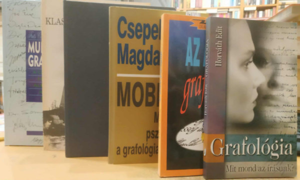 Csepelyi Magda, Horváth Edit, Dr. Albert Lang - Alfons Lüke, Dr. Agárdi Tamás, Gál Péter-Miklós Judit, Frits Cohen, Daniel Wander: 6 db íráselemzés: Mobbing: Munkahelyi pszichoterror a grafológia tükrében; Grafológia (Mit mond az írásunk?); Az aláírás grafológiája; Grafológiáról mindenkinek; A klasszikus grafológia kézikönyve; Munkahelyi grafológia (A grafológia hatékony alkalmazása antikvár