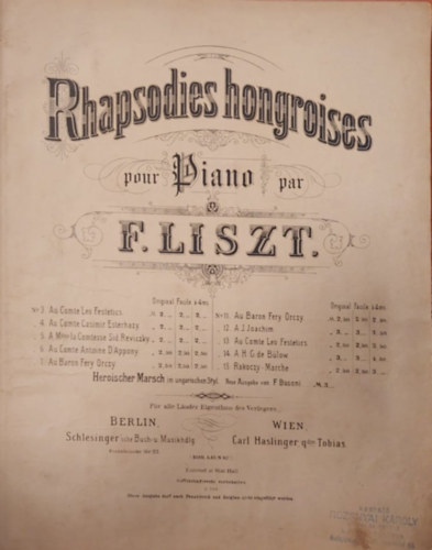 Liszt Ferenc, Richard Wagner, Eduard Schütt, Beethoven, Théodore Lack, C. Saint-Saens, G. Meyerbeer, Charles Fleuron: 11 db német nyelvű kotta egybekötve: Rhapsodies Hongroises, Á la bien-aimée, Contre-Tänze Piano,Compositions de Piano, Etudes Romantiques I-II, Samson et Dalila, Tannhauser, Alessandro Stradella, Hugenotten, La Barcarolle - Italienisches Volkslied antikvár