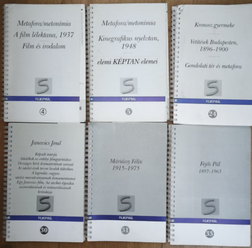6db mű Filmpsirál sorozatból - Filmspirál 4.-Metafora/metonímia, Filmspirál 5.-Elemi képtan elemei, Filmspirál 24.-Kronosz gyermeke, Filmspirál 30.-Janovics Jenő, Filmspirál 31.-Máriássy Félix, Filmspirál 33.-Fejős Pál antikvár