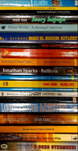 Pierre Boulle, Jonathan Sparks, Nemere István, Elmore Leonard, John Wyndham, Rudyard Kipling, Doris Egan, David Gray, Joseph Heywood, Ira Levin, Raymond Chandler, Vavyan Fable, Robert E. Howard, Gordon Role, Jeffrey Stone, Lawrence Sanders, William Buxton, Ralph Baxter, Lizard Johnson, John Grisham, Graham Edwards: 20 db szórakoztató irodalmi kötet: Sárkányvarázs - Második kötet, A cég, A sors gyermekei, Az első jel: Baldur vére, Harmadik halálos bűn, A hajnal lovagja, Pokoli hideg kő, Hősök kora, Édes, mint a bűn,  Asszony a tóban, Rosemary gyereket vár antikvár