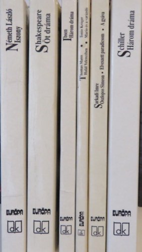 Henrik Ibsen, Németh László, William Shakespeare, Sarkadi Imre, Friedrich Schiller, Thomas Mann: 6 kötet Európa Diákkönyvtár: Ibsen – Három dráma; Németh László – Iszony; Shakespeare – Öt dráma; Sarkadi – Oszlopos Simeon, Elveszett paradicsom, A gyáva; Schiller – Három dráma; Thomas Mann – Tonio Kröger, Halál Velencében, Mario és a varázsló antikvár