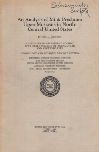 Paul L. Errington: An Analysis of Mink Predation Upon Muskrats in North-Central United States antikvár