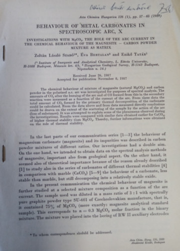 Szabó Zoltán László, Bertalan Éva, Tatár Enikő: Behaviour of metal carbonates in spectroscopic arc, X - Dedikált antikvár