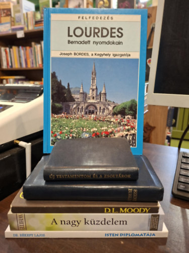 Károli Gáspár (ford.), Arthur P. Pitt, Dr. Békefy Lajos, Ellen White, Joseph Bordes: 5 db vallási kötet, KÖNYVMENTŐ AJÁNLAT: Új Testamentom azaz: a Mi Urunk Jézus Krisztusnak Új Szövetsége, Szent Biblia azaz: Istennek Ó és Új Testamentomában, D.L. Moody Élete, Isten diplomatája, A Nagy Küzdelem, Felfedezés Lourdes Bernadett nyomdokain antikvár