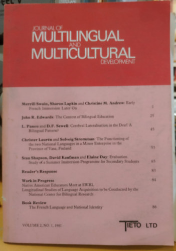 M. Swain: Journal Multilingual and Multicultural Development Volume 2, No. 1, 1981 (Tieto LTD) antikvár