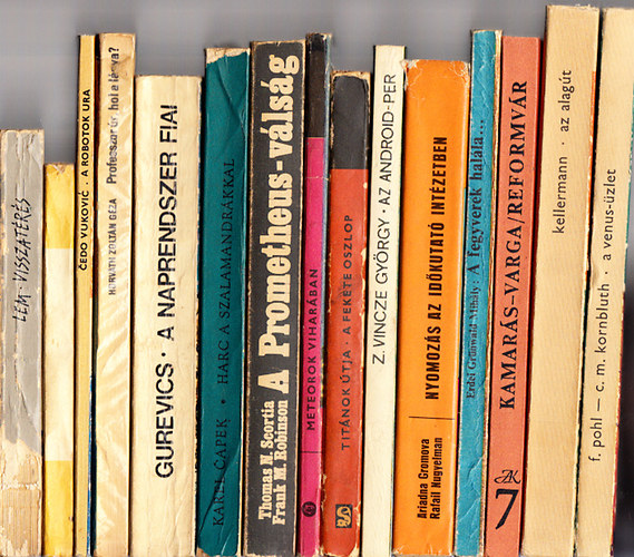 F. Pohl - C. M. Kornbluth; Kellermann; Erdei Grünwald Mihály; Ariadna Gromova - Rafail Nugyelman; Z. Vincze György; Olesz Berdnik - Vojszkunszkij-Lukogyjanov; Rónaszegi Miklós(szerk.); Thomas N. Scortia - Frank M. Robinson; Karel Capek; Gurevics; Horváth Zoltán Géza; Cedo Vukovic; Vlagyimir Mihajlov; Stanislaw Lem: Sci-fi regények 14 db könyv