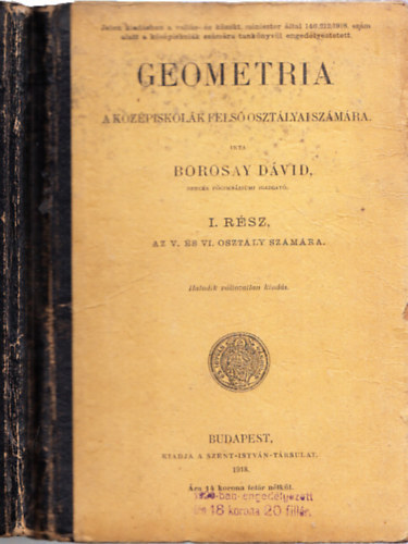 Borosay Dávid: Geometria a középiskolák felső osztályai számára I. antikvár