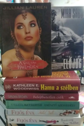 Kathleen E. Woodiwiss, Jillian Lauren, Mira Sabo, Sandra Brown, Colleen  McCullough, Fejős Éva: 7 db-os KÖNYVMENTŐ AJÁNLAT, romantikus: Karácsony New Yorkban+ Hotel Bali+ Emésztő szenvedély+ Felejthetetlen csók+ Hamu a szélben+ A szultán háremében+ Előjog - Fehér gallér I. antikvár