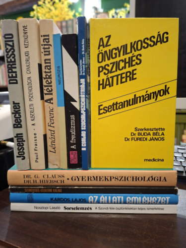 Dr. G. Clauss Dr. H. Hiebsch, Pálhegyi Ferenc, Kardos Lajos, Noszlopi László, Joseph Becker, Paul Fraisse, Lénárd Ferenc, Dr. Buda Béla, Oláh Tamás, Dr. Pécsi Tibor, Dr. Halász László: 11 db pszichológia témájú kötet, KÖNYVMENTŐ AJÁNLAT: Gyermekpszichológia, Személyiséglélektani kalauz, Az állati emlékezet, Sorselemzés és kísérleti ösztöndiagnosztika, Depresszió - Elmélet és kutatás, A kísérleti pszichológia gyakorlati kézikönyve, antikvár