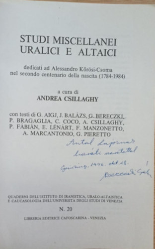 Andrea Csillaghy: Studi miscellanei uralici e altaici (Uráli és altaji tanulmányok) (dedikált) - Dedikált antikvár