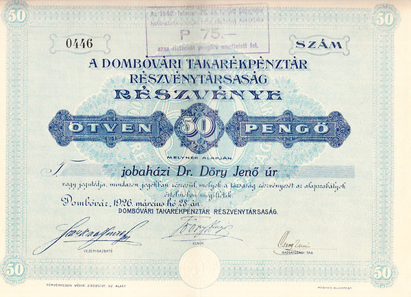 A Dombóvári Takarékpénztár Részvénytársaság - részvény 50 pengőről (történelmi értékpapír, eredeti) könyv
