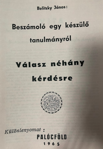 Belitzky János: Beszámoló egy készülő tanulmányról (különlenyomat) antikvár