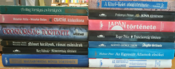 Bertényi Iván, Mary Fulbrook, Weiszhár Attila-Weiszhár Balás, Sellers-May-Mcmillen, Hahner Péter, Szántó György Tibor, Roger Price, Edwin O. Reischauer, Polonyi Péter, Arthur Goldschmidt Jr.: 13 db történelem: Magyarország rövid története; Németország története; Német királyok, római császárok; Oroszország története; Csaták kislexikona; A világ királyai és királynői; Az Egyesült Államok története; Az Egyesült Államok elnökei; Anglia története antikvár