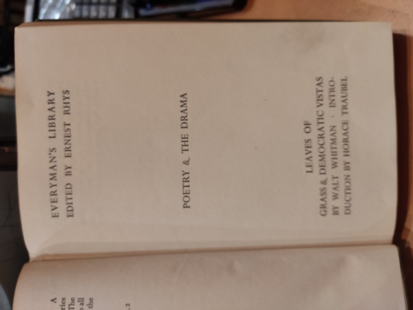 Ernest Rhys, Walt Whitman: Everyman's Library - Poetry & the Drama - Leaves of Grass (1855-71) Democratic Vistas antikvár