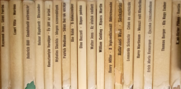 Raymond Jean, Lauri Viita, Heinrich Böll, Heinar Kipphardt, Konsztantyin Vorobjov, Mykolas Sluckis, Patrick Modiano, Abe Kobo, Dino Buzzati, Walter Jens, William Golding, Henry Miller, Nathanael West, Leonardo Sciascia, Harry Martinson, Erich Maria Remarque, Thomas Berger, René-Victor Pilhes: 18 db. regény a Magvető - Világkönyvtár sorozatból antikvár