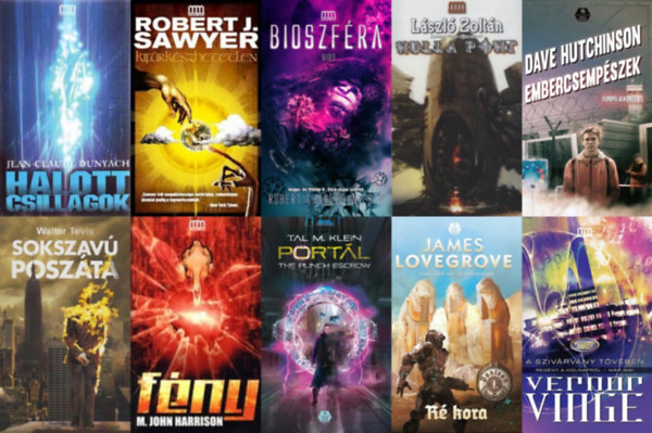 Vernor Vinge, James Lovegrove, Tal M. Klein, László Zoltán, Dave Hutchinson, Walter Tevis, M. John Harrison, Jean-Claude Dunyach, Robert Charles Wilson, Robert J. Sawyer: 10 db sci-fi regény: A szivárvány tövében + Ré kora + Portál + Nulla Pont + Embercsempészek + Sokszavú Poszáta + Fény +  Halott csillagok + Bioszféra + Kifürkészhetetlen antikvár