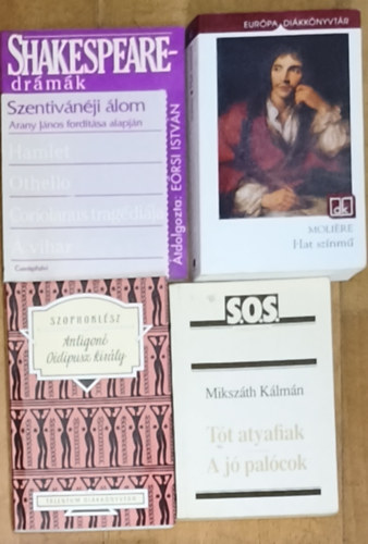 Mikszáth Kálmán, Szophoklész, Moliére, William Shakespeare: 4db kötelező olvasmány középiskolások számára (14 mű 4 kötetben) - Shakespeare-drámák-Hamlet, Othello, Coriolanus tragédiája, A vihar, Hat színmű-A fösvény, Kényeskedők, Képzelt beteg, Tudós nők, ...(a többi cím leírásban) antikvár