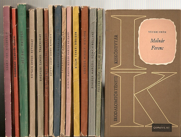 Vécsei Irén; Halász  Előd; Benedek Marcell; Sükösd Mihály; Bizám Lenke; Mihályi Gábor; Salyámosy Miklós; Hegedűs Géza; Bajomi Lázár Endre; E. Fehér Pál; Ungvári Tamás; Kovács Endre; Réz Pál; Dobossy László; Szabó Ede: 15 db az Irodalomtörténeti kiskönyvtár sorozatból: Hölderlin, Hasek, Proust, Reymont, Thackeray, Alekszej Tolsztoj, Rabelais, Byron, Zola, Roger Martin du Gard, Dreiser, Dickens, Romain Rolland, Gerhart Hauptmann, Molnár Ferenc könyv