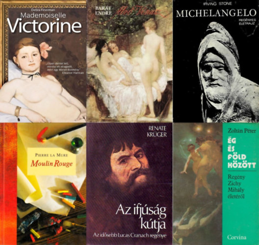 Debra Finerman, Zoltán Péter, Barát Endre, Renate Krüger, Pierre La Mure, Irving Stone: 6 db könyv világhírű festők életéről: Mademoiselle Victorine + Alvó Vénusz - Regény Lotz Károly életéről + Michelangelo - Regényes életrajz + Ég és föld között - Regény Zichy Mihály életéről + Moulin Rouge - Henri De Toulouse-Lautrec életregénye antikvár