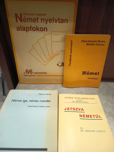 Dr. Magyar László, Fülei-Szántó Endre, Lőrincze Lajosné, Markó Ivánné: Német nyelvkönyv csomag 4 darabos ajánlat: Német ige, német mondat, Német nyelvtan alapfokon, Német társalgás, Játszva németül antikvár