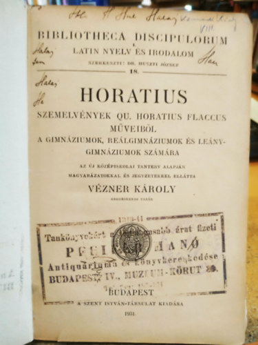 Vézner Károly: Horatius - Szemelvények QU Horatius Flaccus Műveiből antikvár