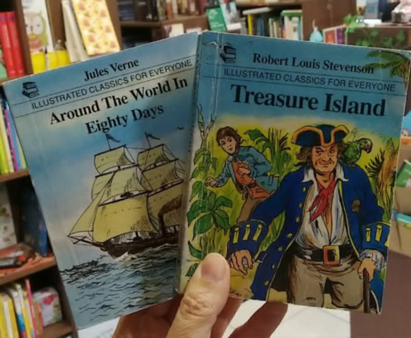 Stevenson, Jules Verne: 2 db ifjúsági regény: Treasure Island (A Kincses sziget)+ Around the World in Eighty Days (Nyolcvan nap alatt a Föld körül) - angol nyelvű antikvár