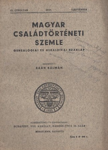 Baán Kálmán (szerk.): Magyar családtörténeti szemle (IX. évf. 1943. szeptember) antikvár