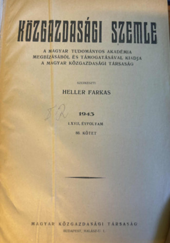 Heller Farkas: Közgazdasági szemle 1943 LXVII. évfolyam 86. kötet antikvár