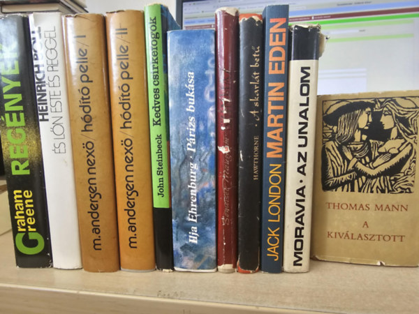 Graham Greene, Heinrich Böll, Martin Andersen Nexö, John Steinbeck, Ilja Ehrenburg, William Somerset Maugham, Nathaniel Hawthorne, Jack London, Alberto Moravia, Thomas Mann: 10db regény, KÖNYVMENTŐ AJÁNLAT: Graham Greene regények+ És lőn este és reggel+ Hódító Pelle I-II+ Kedves csirkefogók+ Párizs bukása+ Színház+ A skarlát betű+ Martin Eden+ Az unalom+ A kiválasztott antikvár