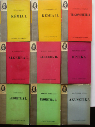 9 db a Bólyai könyvek soroaztból (Trigonometria, Kémia I-II, Optika, Algebra I-II, Geometria I-II, Akusztika) antikvár