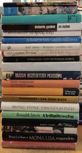 Gauguin, Derkovits Gyuláné, Lengyel Géza, Henri Perruchot, Benedek István, Irving Stone, Donald Braider: 20 db művészet, festészet: Noa Noa; Titkok birodalma; Ég és föld között; Mi ketten; Az ifjúság kútja; Greco asszonya; Modigliani szenvedélyes élete; Levelek a szülőföldre; A szép mesterségek kezdete; Följegyzések; Beszélgetések Picassóval antikvár