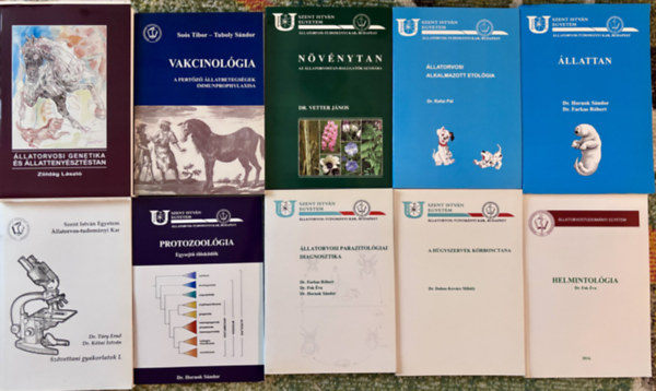 Dr. Zöldág László, Dr. Farkas Róbert, Dr. Fok Éva, dr. Vetter János, Dr. Hornok Sándor, Dr. Túry Ernő, Dr. Kótai István, Soós Tibor - Tuboly Sándor, Dr. Rafai Pál, Dr. Dobos-Kovács Mihály: 9 db ÁLLATORVOSI tankönyv: Állatorvosi genetika és állattenyésztéstan, Vakcinológia, Növénytan állatorvosoknak, Állatorvosi alkalmazott etológia, Állattan, Protozoológia, Állatorvosi parazitológiai diagnosztika, A húgyszervek kórbonctana, Helmintológia antikvár