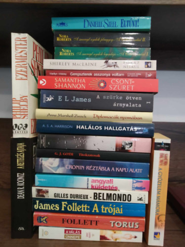Laura Dave, James Follett, Gilles Durieux, Tóth Zoltán, A. J. Cronin, G. J. Goth, Jennifer Lash, A. S. A. Harrison, Anne Marshall Zwack, E. L. James, Samantha Shannon, Marilyn Wisbey, Shirley MacLaine, Nora Roberts, Danielle Steel, Dean R. Koontz, Philip Shelby, Sandra Brown: KÖNYVMENTŐ AJÁNLAT 20 db KÖTET: A válás ünnepe+ Torus+ A trójai+ Belmondo+ Angyali küldetés+ Réztábla a kapu alatt+ Titokzatosak+ Vérségi kötelékek+ Halálos hallgatás+ Diplomacák nyomában+ A szürke ötven árnyalata+ Csontszüret+ Gengszterek asszonya voltam antikvár