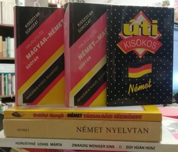 Horváthné Lovas Márta, Karácsony Lajos-Dr. Tálasi Istvánné, Erdélyi Margit, Halász Előd (szerk.), Maros Judit (Összeáll.): 6 db-os KÖNYVMENTŐ AJÁNLAT, német nyelvkönyv: Zwanzig weniger eins-Egy híján húsz+ Német nyelvtan+ Német társalgási kézikönyv+ Német-magyar/magyar-német kisszótár+ Úti kisokos-Német antikvár