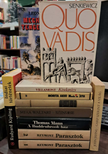 Rudyard Kipling, John Irving, Leon Uris, Henryk Sienkiewicz, Viviane Villamont, William Golding, Mika Waltari, Thomas Mann, Wladyslav Stanislav Reymont: 10 db-os világirodalmi KÖNYVMENTŐ AJÁNLAT 11 kötetben: Indiai történetek, Garp szerint a világ, Meghalsz, tengerész!, Quo Vadis, Kisdarázs, Made in Japan, A legyek ura - A piramis, Szinuhe, A Buddenbrook ház, Parasztok I-II. antikvár
