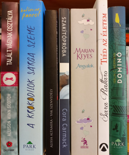 Iselin C. Hermann, Sara Rattaro, Marian Keyes, Cora Carmack, Alissa Altamira, Katherine Pancol, Allison Winn Scotch: 7 db romantikus regény: Dominó; Tiéd az életem; Angyalok; Szakítópróba; Vak szenvedély; A krokodilok sárga szeme; Talált vágyak osztálya antikvár