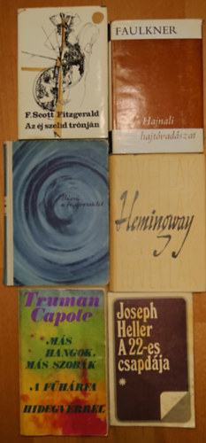 James Faulkner, Joseph Heller, Truman Capote, Ernest Hemingway, Francis Scott Fitzgerald: 6 klasszikus amerikai elbeszéléskötet a 20. századból: Az éj szelíd trónján, Búcsú a fegyverektől, Novellák, Más hangok, másszobák/A fűhárfa/Hidegvérrel, Hajnali hajtóvadászat, A 22-es csapdája antikvár