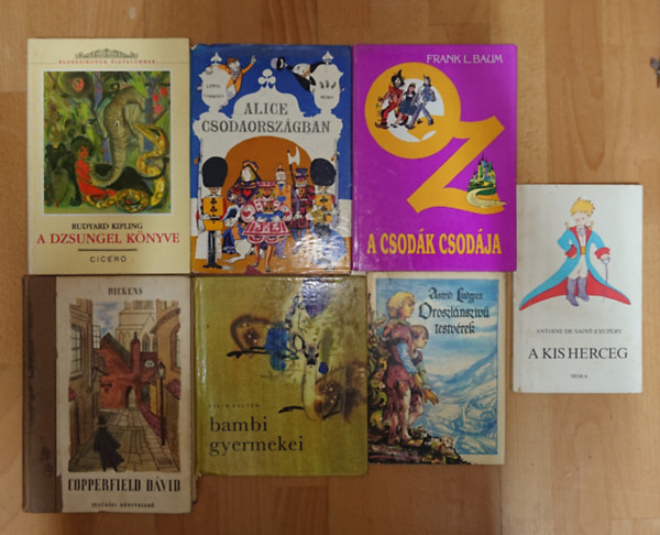 Antoine de Saint-Exupéry, Astrid Lindgren, Felix Salten, Lewis Carroll, Frank L. Baum, Rudyard Kipling, Charles Dickens: 7 klasszikus ifjúsági regény: Alice Csodaországban, Óz, a csodák csodája, A kis herceg, Oroszlánszívű testvérek, Bambi gyermekei, A Dzsungel könyve, Copperfield Dávid antikvár
