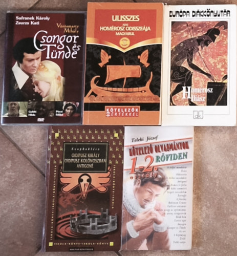 Homérosz, Szophoklész, Teleki József, Vörösmarty Mihály: 4db kötelező olvasmányokkal kapcsolatos mű + ajándék DVD - Iliász, Odüsszeia, Oidipusz király-Oidipusz Kolónoszban-Antigoné, Kötelező olvasmányok röviden-Gimnázium 1-2. osztály + Csongor és Tünde antikvár