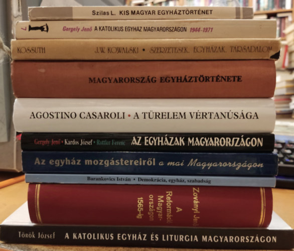 Szilas László, Gergely Jenő, Barankovics István, Kardos József, Lukács László, Karácsonyi János, Török József, Zoványi Jenő, Agostino Casaroli, J. W. Kowalski: 10 db vallás: Magyarország egyháztörténete; Szerzetesek, egyházak, társadalom; Kis magyar egyháztörténet; A katolikus egyház Magyarországon; A türelem vértanúsága; Demokrácia, egyház, szabadság; Az egyház mozgástereiről a mai Magyarországon könyv