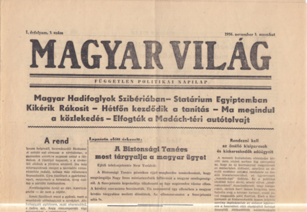 Magyar világ 1956. november 3. (1956-os újság, eredeti lapszám) könyv