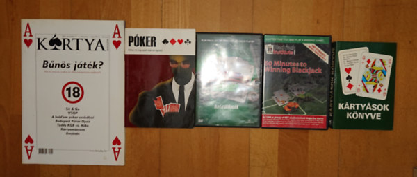 3 könyv/magazin + 2 DVD a kártyajátékokról: Kártyások könyve, Póker, kártya - bűnös játék? + Póker-kódex haladóknak, 60 Minutes Winning Blackjack antikvár