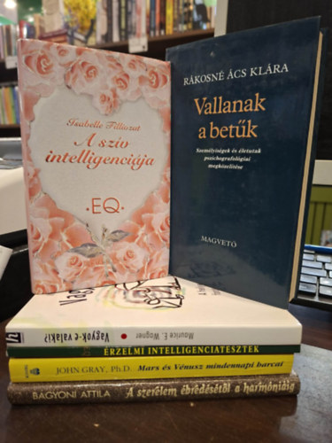Maurice E. Wagner, Isabelle Filliozat, Rákosné Ács Klára, John Gray, Bágyoni Attila: (6db) Pszichológia tematikájú KÖNYVMENTŐ AJÁNLAT: Érzelmi intelligenciateszt E.Q., Vagyok-e valaki? - A helyes önértékelés fontossága, A szív intelligenciája, Vallanak a betűk, Mars és Vénusz mindennapi harcai, A szerelem ébredésétől a harmóniáig antikvár