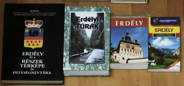 Herner János (szerk.), Sós Judit-Farkas Zoltán, Farkas Zoltán, Dr. Elekes Tibor: 4db Erdéllyel kapcsolatos könyv - Erdély-Útvonaltervek, csillagtúrák, szálláshelyek, térképek, hasznos utazási tanácsok, Erdély-A váradi kávéházaktól a hófödte Hargitáig, Erdélyi túrák, Erdély és a részek térképe és helységnévtára antikvár