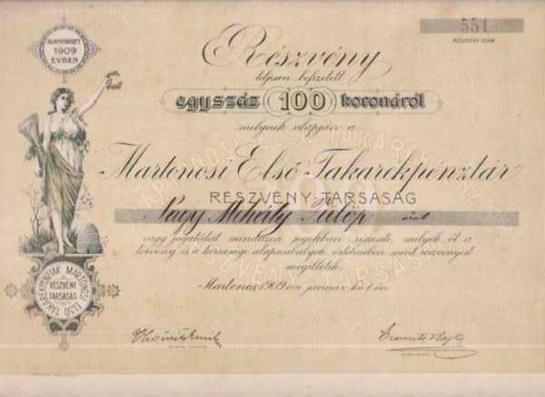 Martonosi Első Takarékpénztár Részvény-társaság részvénye (történelmi értékpapír, eredeti) antikvár