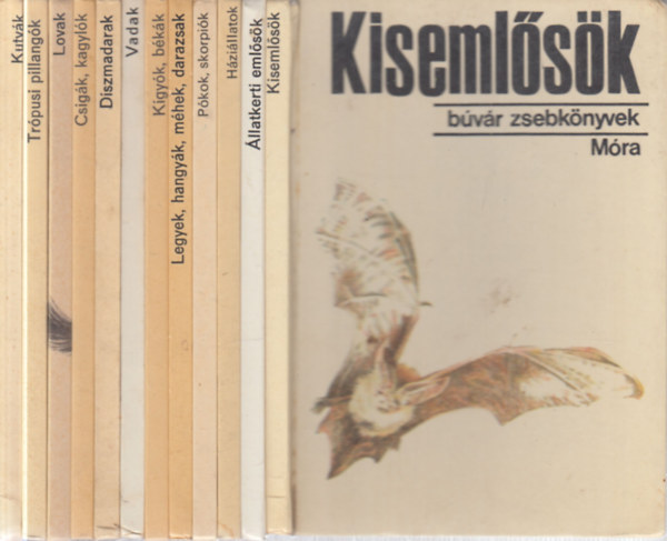 12 db. Búvár zsebkönyvek (Kisemlősök + Állatkerti emlősök + Háziállatok + Pókok, skorpiók + Legyek, hangyák, méhek, darazsak + Kígyók, békák + Vadak + Díszmadarak + Csigák, kagylók + Lovak + Trópusi pillangók + Kutyák) antikvár