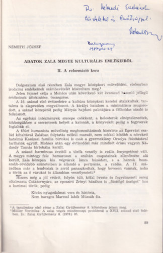 Németh József: Adatok Zala megye kulturális emlékeiről I. Középkor + II. A reformáció kora - Különlenyomat ( Mindkettő dedikált. ) - Dedikált antikvár