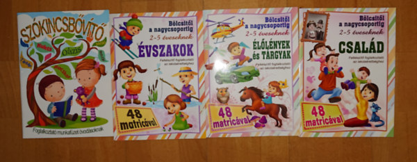 4 óvodai foglalkoztató füzet: Szókincsbővítő, Bölcsőtől a nagycsoportig 2-5 éveseknek - Évszakok, Bölcsőtől a nagycsoportig 2-5 éveseknek - Élőlények és tárgyak, Bölcsőtől a nagycsoportig 2-5 éveseknek - Család antikvár