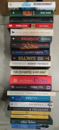 Több szerző, Gerald Seymour, Christopher Tsiolkas, Hilari Bell, Viveca Sten, Michael Cordy, Haylen Beck, V.A. Richardson, Tom Harper, Simon Toyne, Louis Begley, Carlos Fuentes, Josef Skvorecky, Paul Hoffmann, Dorothy Koomson, Rosamund Lupton, Guy Rachet, Charles Portis, Nemere István, Axel Madsen, Tina Seskis, könyvcsomag: 20 db regény KÖNYVMENTŐ AJÁNLAT: Bűnbocsánat+ A pofon+ Kobolderdő+ Zárt körben+ A halál árnyalatai+ Eltűntek+ Windjammer-ház+ Lazarus kripta+ Sanctus+ Schmidt története+ A hadjárat+ Csoda+ Isten balkeze+ Az utolsó csepp+ Azután+ A kígyók ura+ A félszemű+ antikvár